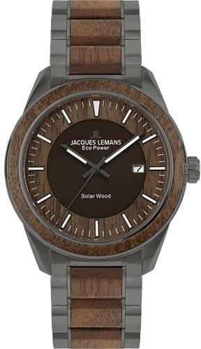 JACQUES LEMANS Holzuhr Herren, Solar Wood Herrenuhr - Model 1-2116I, Chronograph und Armband Grau beschichtet, Edelstahl mit Holzeinlage für Männer, Armbanduhr Holz Herren Holzuhren für Herren