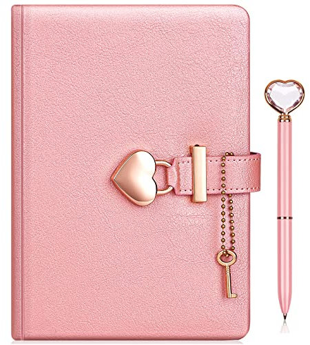 fengco Tagebuch mit Schloss und Schlüssel PLUS Herz-Diamant-Stift,A5 Journal Notebook mit Herz Vorhängeschloss PU Leder,Notizbuch Abschließbares,Mädchen Kinder Geburtstag Geschenk