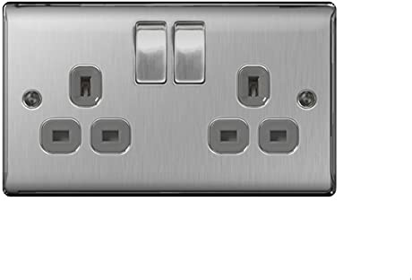 BG Electrical NBS22G-01 NBS22G Double Metal Brushed Steel Switched Power Socket, 240 V - 50 pack