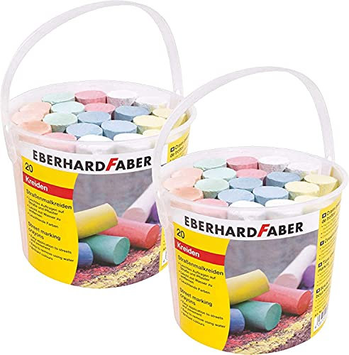 Eberhard Faber 526512 - Straßenmalkreiden in 8 leuchtenden Farben, Eimer mit 20 Kreiden, für bunten Malspaß auf Asphalt, Straßen und Gehwegen (20er Eimer, 2 Eimer)