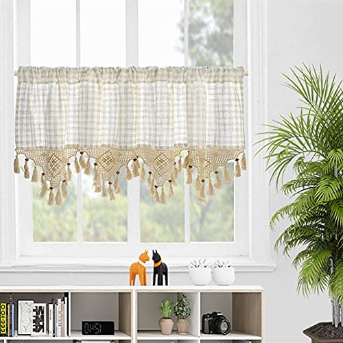 choicehot Häkelgardinen Kurzgardinen Leinen 30cm Hoch - Bistrogardine mit Quasten Scheibengardine Landhausstil Gardine Gehäkelt Beige Landhaus 30×150cm 1Stück