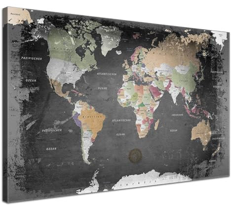 LANA KK Stilvolle Pinnwand Weltkarte - Graphit - Deutsch in 100 x 70 cm, stabile Rückwand zum Pinnen inkl. Starterkit - Leinwand-Kunstdruck Wandbild Landkarte XXL