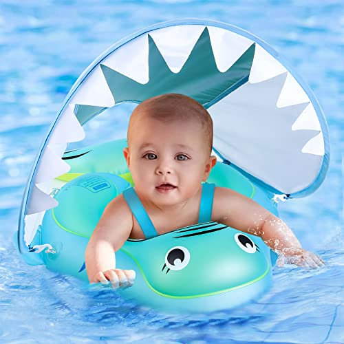 NYOBABE Baby Swimming Float for 6-36 Months,Inflatable Baby Pool Float with UPF50+ Sun Canopy&Anti-Flip Tail,Baby Swimming Ring for 6 9 12 18 24 36M Newborn Infants,Baby Float Ring With Safety Seat(L)