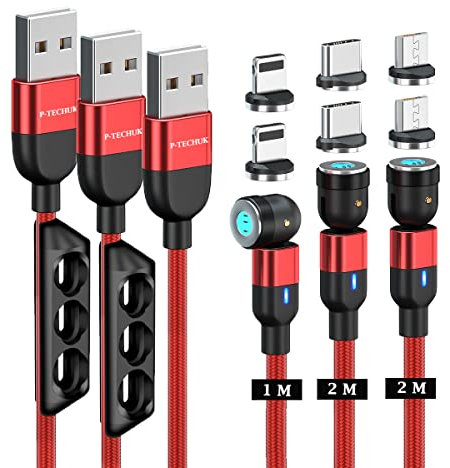 P-TECHUK 540° Fast Charging Magnetic data Cable, Magnetic Charging Cable. Mixed connectors - A17 Red (1M 2M 2M Cables, 1 tip holders, 6 tips)