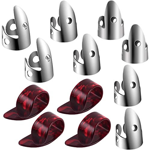 12-teiliges verstellbares Finger-Daumenplektren-Set enthält 8 silberfarbene Edelstahl-Fingerplektren und 4 Daumenplektren aus Kunststoff für Gitarre, Banjo, Harfe, Bass, Plektrum (rot)