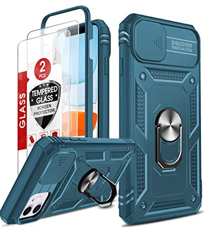 LeYi Hülle für iPhone 11 Objektivschutz Handyhülle & 2*Glasfolie Schutzglas,Hybrid Kammeraabdeckung Schutzhülle Outdoor Ringhalterung Cover Kratzfest Case Halter Handy Hüllen Blau