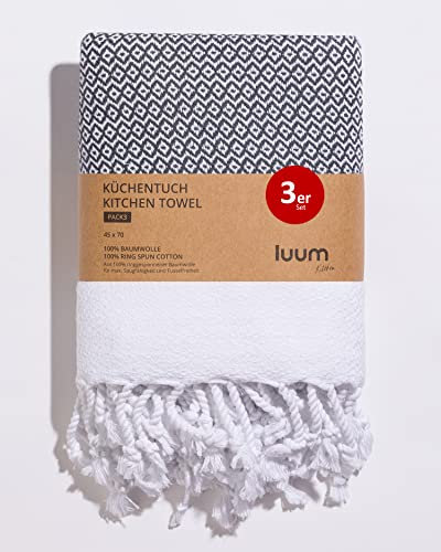 Luum® 3er Set Geschirrtücher, Geschirrhandtücher, Küchentücher, Küchenhandtücher, 100% ringgesponnene Baumwolle, schnelltrocknend, fusselfrei, Anthrazit, 45x70, Geschenkset