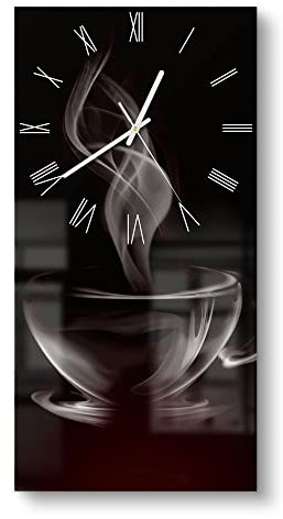 DEQORI Glasuhr | horizontal 30x60 cm | Motiv Tasse aus Kaffeedampf | große XXL Design Uhr aus Glas | leise Wanduhr für Wohnzimmer & Küche | moderne Hingucker Uhr für die Wand