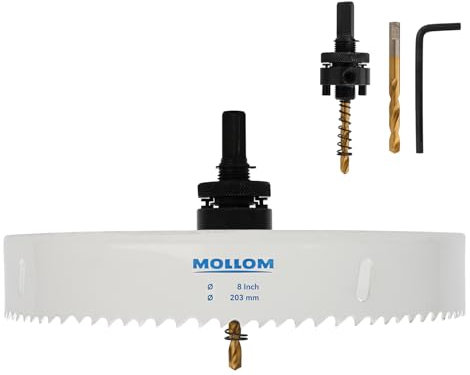 Mollom (203mm | 8) HSS M42 with 8% cobalt BI-Metal Hole Saw with 2 Pilot Drill Bits & Arbor Smooth Cutting for PVC,Drywall,Wood,Plastic,Gypsum Board,Rubber