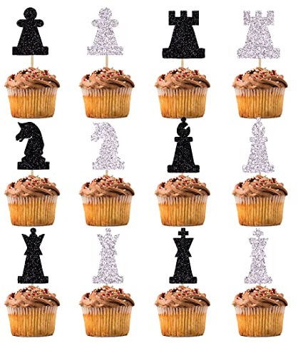 BIABISD 12 pcs nternational Chess Silhouettes Dessert Cupcake Toppers Chess lover chess player Happy Birthday Cupcake Decoration
