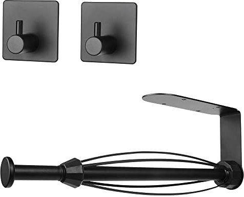 küchenrollenhalter Schwarz, Einhändig Bedienbarer Küchenrollenhalter mit Dämpfungseffekt für Küche, Bad + 2 Handtuchhaken