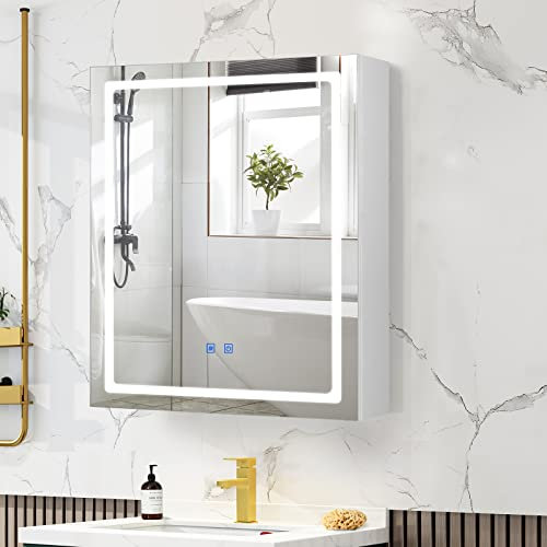 VOWNER Armoire Miroir de Salle de Bain, Armoire de Toilette avec Anti-buée, LED Blanc Froid/Chaud/Neutre, Armoire de Rangement Toilettes avec Étagères Réglables, (50 x 60 x 15 cm)