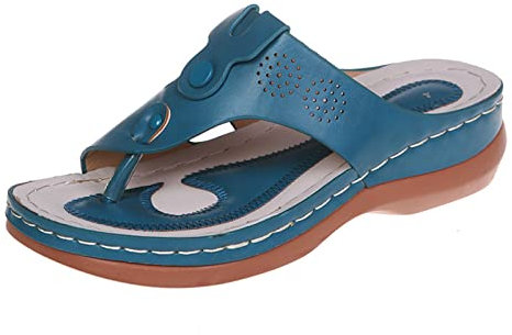 Femme Tongs Compensées Sandales en Cuir à Talon Été Chaussures de Plage Confortable Léger Plateforme Flip Flop Plage Piscine Flip Flop Douche Antidérapante,Bleu,US6/EU37
