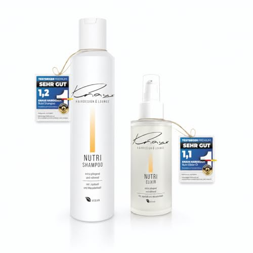 Knaus NUTRI 2er Set für trockenes Haar - Friseur Pflegeshampoo 200ml und Premium Haaröl Elixir 100ml mit kaltgepresstem Jojobaöl und Macadamiaöl, Salon-Pflegeset für Glanz, vegan