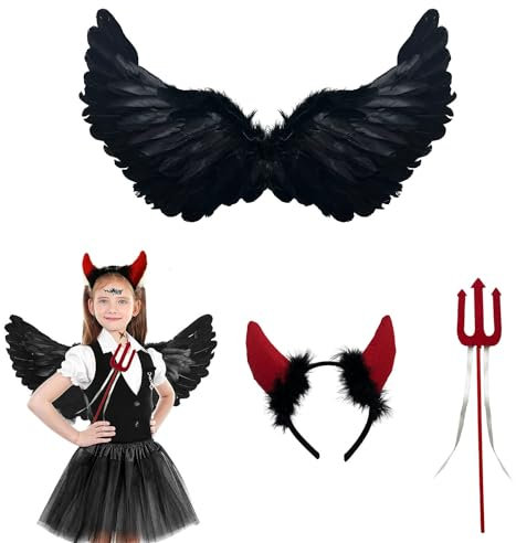 Engelsflügel Schwarz mit Teufel Horn und Teufelsgabel,Teufel Kostüm Engel Flügel,Federflügel,Engel Flügel für Damen und Mädchen,Party Fasching Kostüme Deko,Halloween Schwarzer Engel（Schwarz）
