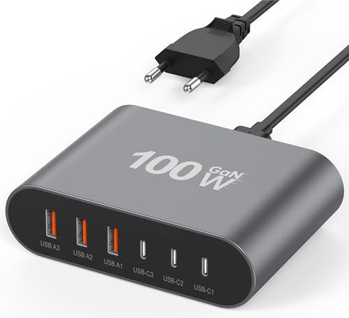USB C Ladegerät 100W GaN 6 Port USB C Adapter Schnellladegerät Netzteil Stecker Ladestation, 3 PD USB C 3 QC USB A Ladestation Mehrere Geräte für iPad iPhone 16 15 14 13 12 Pro Max Pixel Note Galaxy