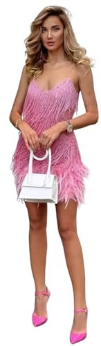 Generico Vestito Donna Tubino Scollo Cuore Bretelle Piume Frange Lurex Sensuale Elegante Rosa/Taglia Unica