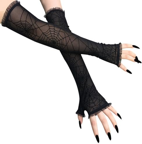 Sihaby Damen Handschuhe mit Spinnennetz,Halloween Spinnennetz Spitze Fingerlose Handschuhe,Lange Handschuhe für Cosplay Goth Kostüm