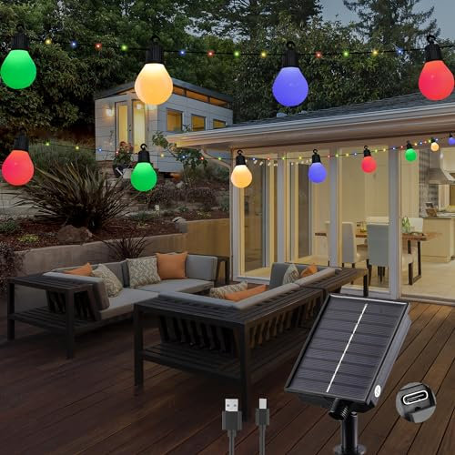 Tacobey Solar Lichterkette Außen Bunt Mit 20 G40 Glühbirnen - 10M 100 LED Solar Lichterkette Aussen Garten, USB Aufladbar, 8 Mode, Wetterfest, für Outdoor Garten Terrasse Balkon Deko