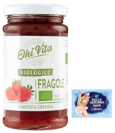 12er-Pack Ohi Vita Marmelade Fragole,Cremiges Erdbeerkompott,Fruchtkompott,250g Glas + 1er-Pack Kostenlos Felce Azzurra Talkumpuder, 100g-Beutel