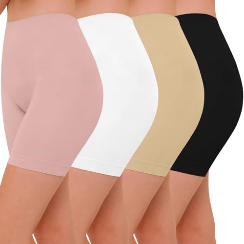 AURUZA 4pcs Anti Chafing Shorts Women, Seamless Slip Shorts Comfortable Chub Rub Underwear for Dresses Skirts Running Cycling Walking Yoga Everyday Wear (Black Nude White Pink, M)