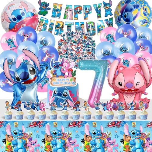 100pcs Stitc Geburtstagsdeko 7 Jahre, Lil und Stitc Ggeburtstag Deko, Stitc Deko Geburtstag, Stitc Kuchen Deko, Stitc Sticker, Stitc Ballons,Stitc Tortendeko für Kindergeburtstag