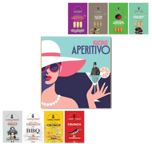 Kucino® | Cofanetto Aperitivo Salato Assortito 8 Sapori - 400 Gr | Biscotti Salati Spezie, Tartufo, Pomodoro, Olive, Peperoncino | Degustazione Salata Arachidi & Biscotti