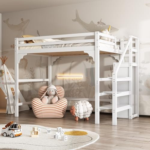 LERFAN Hochbett 140x200cm Doppelbett Funktionelles Holzbett mit Robustem Lattenrost, Vierstufiger Treppe, Kleiderschrank und Offenem Raum unter Bett, 245L x 145B x 175H cm Weiß