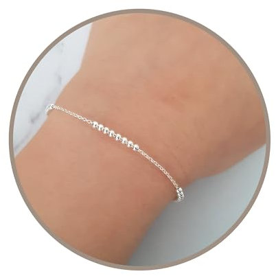 Annika Bella Sterling Silver Bracelet for Women With Beads, Silver Beaded Chain Bracelet, Minimalist Dainty Silver Bracelet, Layered Silver Bracelet (Silver)
