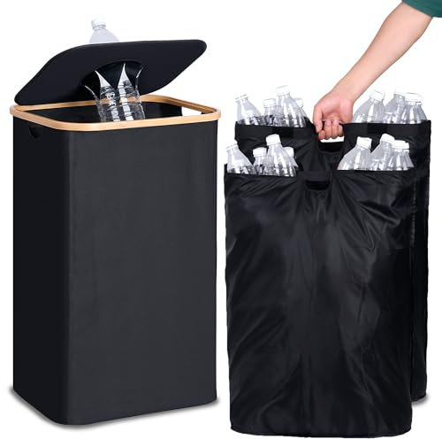 efluky Recycling Bin for Kitchen 26 Gallon, 100L Recycle Bin with 2 Removeable and Reusable Inner Bag, Large Recycling bin with lid for Bottle Can Plastice Stickers (Black)