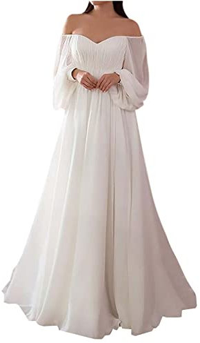 Women's Maxi Off The Shoulder Prom Bridesmaid Dress Clearance Boho Sexy Long Sleeve Smocked High Waist Flowy A Line Long Maxi Dress with Wedding Cold Shoulder Evening Party Gown for Women UK White