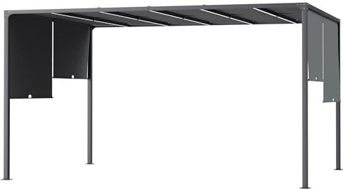 Outsunny 3 x 4m Metal Pergola with LED Lights, Outdoor Garden Pergola with Sliding Roof, Solar Powered, for BBQ, Dark Grey