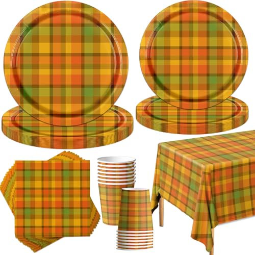 Decoraciones de fiesta de otoño, 142 piezas de suministros de fiesta de otoño, juego de vajilla a cuadros naranja que incluye platos, servilletas, vasos, pancarta, mantel para decoraciones de fiesta