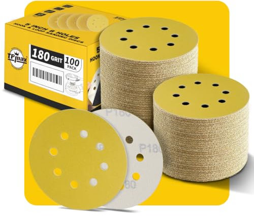 100PCS 125mm 8 Hole Sanding Discs Sandpaper, 180 Grit, Premium Gold Round Hook and Loop for Random Orbital Sander - Ideal for Wood, Metal, Automotive