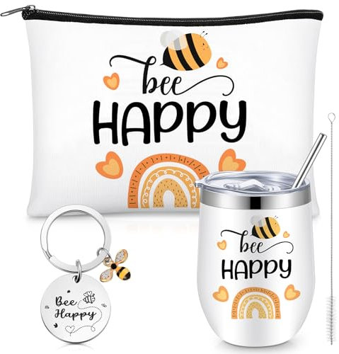 Nuenen Bee Themed Gifts Set for Women 12 oz Bee Stainless Steel Tumbler with Straw and Brush Bee Cosmetic Bag Keychain for Bee Lover Christmas Birthday Gifts