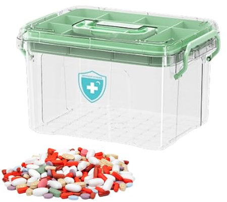Demsyeq Scatola trasparente per medicinali, scatola portaoggetti per medicinali, a doppio scomparto, grande capacità, con manici e coperchio di chiusura per la casa, per conservare medicinali