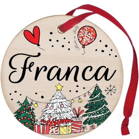 Cercle en bois Boule d'arbre de Noël personnalisée Nom Franca, Décoration de Noël en bois Made in Italy, serre-tête ruban rouge à accrocher à la porte de 8 cm (bois, Franca)