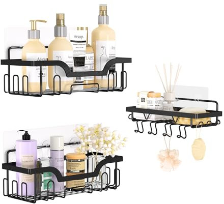 Honsdom Mensola Doccia Senza Foratura in Set da 3, Porta Sapone Doccia Adesivo con Portasapone e Ganci, Mensole Bagno per Rasoi, Shampoo, Bagnoschiuma (Nero)