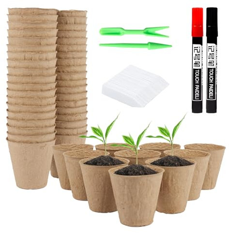 OldPAPA 100 Pcs 8cm Fibre Seed Pots, Biodegradable Plant Pots, Compostable Plant Pots for Seedling Growth, Paired with 100Pcs Plastic Plant Labels, 2 Marking Pens, 1 set of 2 Seedling Starters