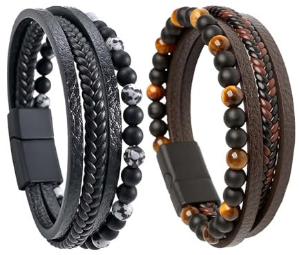 TREABEAR 2PCS Lederarmband Herren 21cm, Tigerauge Armband Leder Herren Braun, Perlenkette Herren, Armband Männer Personalisiert Schwarz, Leder men's bracelets für Die Tägliche Dekoration