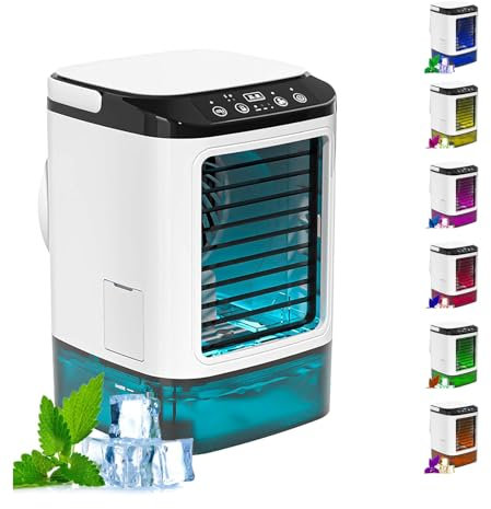 HBDSMLPL con Caja De Hielo Aire Acondicionado Portatil Silencioso, Aire Acondicionado Portátil Sin Tubo 3 Velocidades Y LED De 7 Colores Aire Acondicionado Sin Instalacion