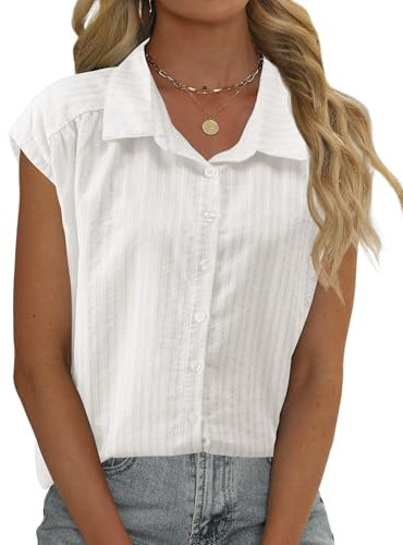 EFFAN Womens White Blouse Cotton Shirts Cap Sleeve Blouses V Neck Summer Buttom Down Shirts Ladies Loose Fit Work Blouse Tops UK, White Stripes, XL