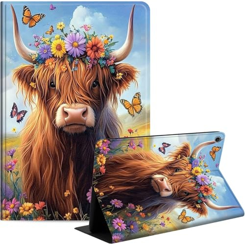 Case for iPad 9th/8th/7th Generation 10.2-Inch (2021/2020/2019 Release), Slim PU Leather Stand Cover with Auto Wake/Sleep, Multi-Angle Viewing & Shockproof, Cute Highland Cow