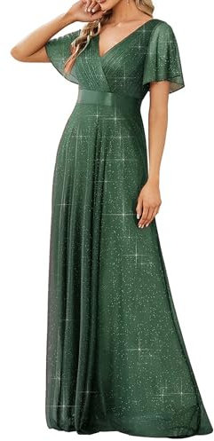 Ever-Pretty Women's Sparkling Ruffles Sleeve Deep V-Neck Empire Waist A-Line Bridesmaid Dress Eucalyptus 26UK