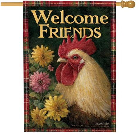 Drapeau de jardin « Welcome Friends » avec coq - Bannière de décoration extérieure - Drapeau à carreaux rouges double face pour la maison, décoration de style ferme, 71 x 101 cm