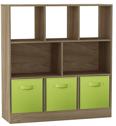 URBNLIVING Asymmetrical 8 Cube Oak Bookcase Storage Unit with 3 Fabric Drawer Inserts – Wooden Display Shelf for Home, Office, or Bedroom Organization Green