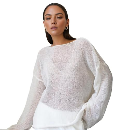 Eighosee Women Oversized Long Sleeve Sheer Mesh Knit Sweater Tops Y2K Summer Loose Hollow Out Pullover Jumper Shirt Beach White M
