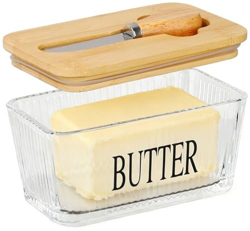 580ML Butterdose mit Holzdeckel, Butterdose Glas mit Buttermesser, BPA Frei, klare für 250 g Butter Dish für Haushalt und Küche