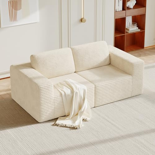 Vesgantti 202 cm Modulares Sofa 2-Sitzer, Cord Loveseat mit Federkern, Extra Tiefe Sitzfläche, Boneless Couch für Wohnzimmer, Kein Aufbau erforderlich, Rutschfester Boden, Beige