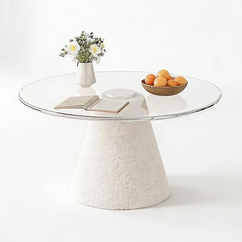 TWSOUL Table basse, table basse, ronde, en bois massif, pour le salon, plateau en verre trempé et base conique en bois recouvert de boucle, table de salon moderne